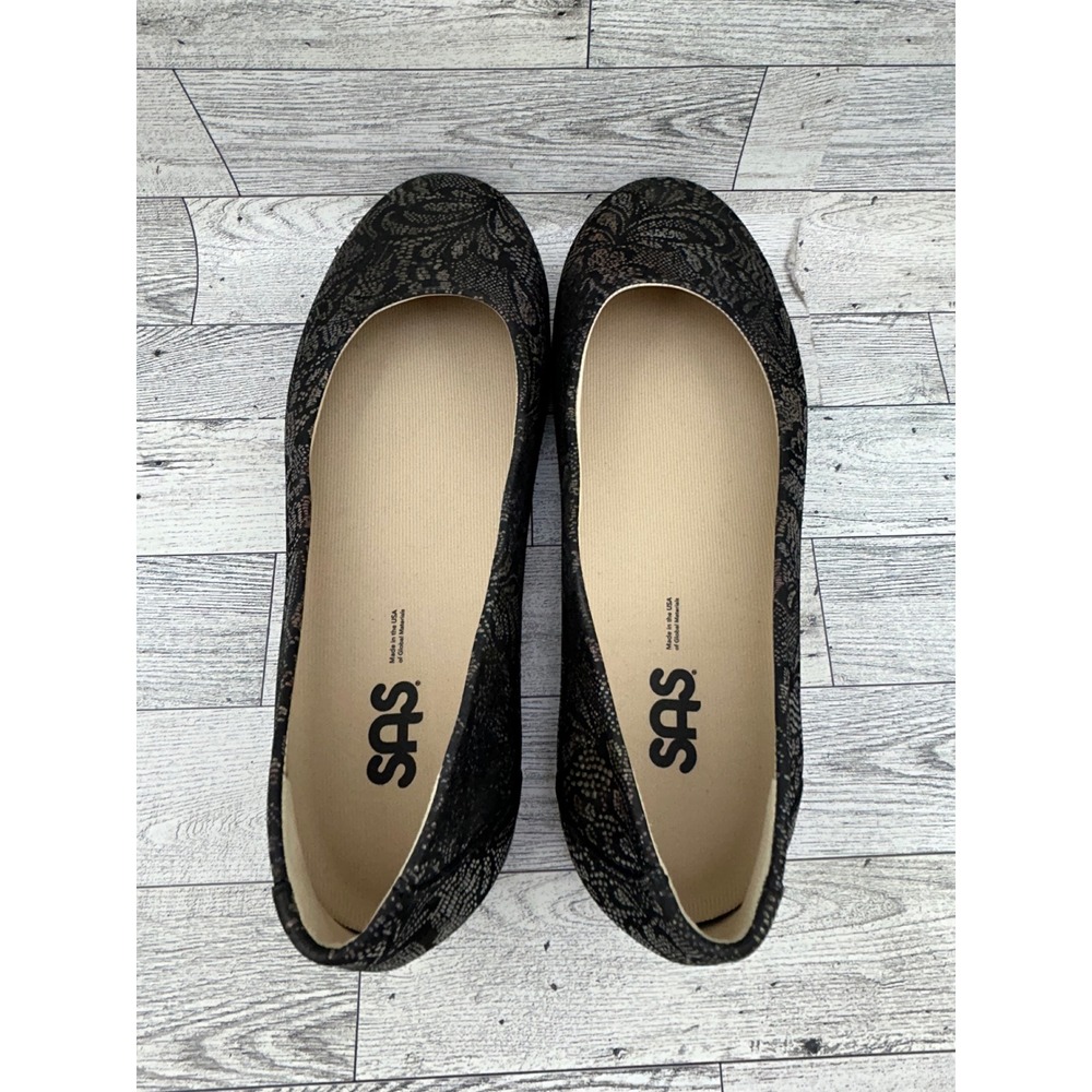 SAS Scenic Women Sz 9 W Black Bronze Lace Leather Ballet Flats Made in USA - Picture 9 of 13